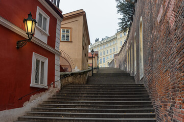 Obraz premium Long stairs that lead to the hill where the monumental complex of Prague is located, Czech Republic.