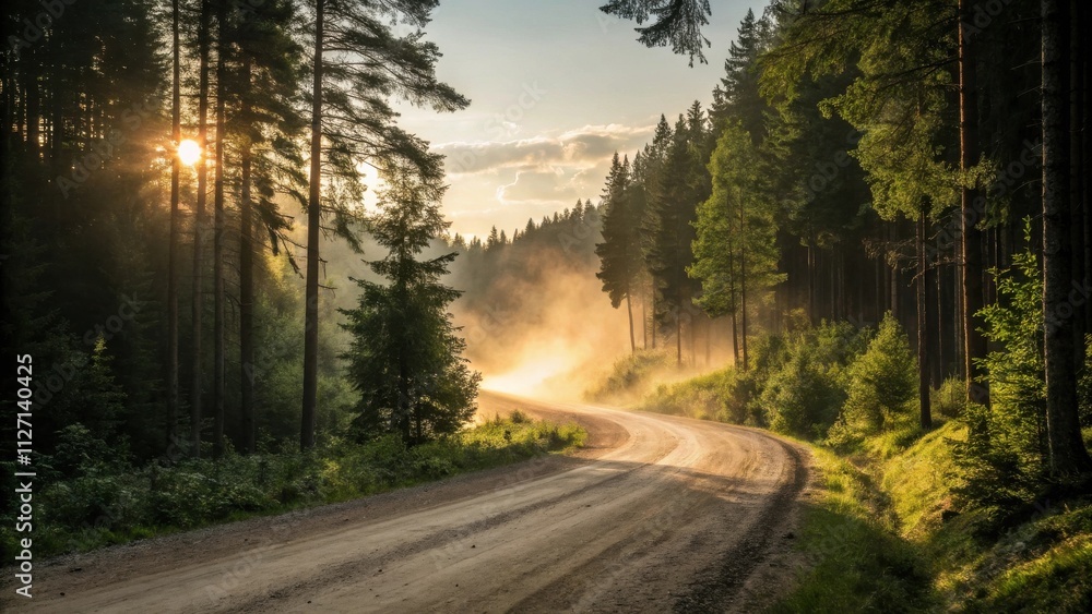 Aufkleber a winding dirt road through a dense forest illuminated by the warm glow of the setting sun, casting 