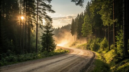 Obraz premium A winding dirt road through a dense forest illuminated by the warm glow of the setting sun, casting long shadows and creating a sense of mystery and adventure.