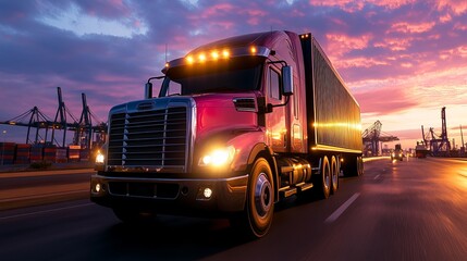 A powerful red freight truck with glowing headlights drives through a port at sunset, showcasing the beauty of logistics in motion.