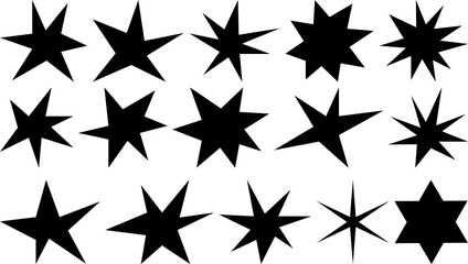 Set of abstract black star shapes, varied geometric starburst silhouettes, isolated vector illustration for decorative design, backgrounds, or festive and creative projects