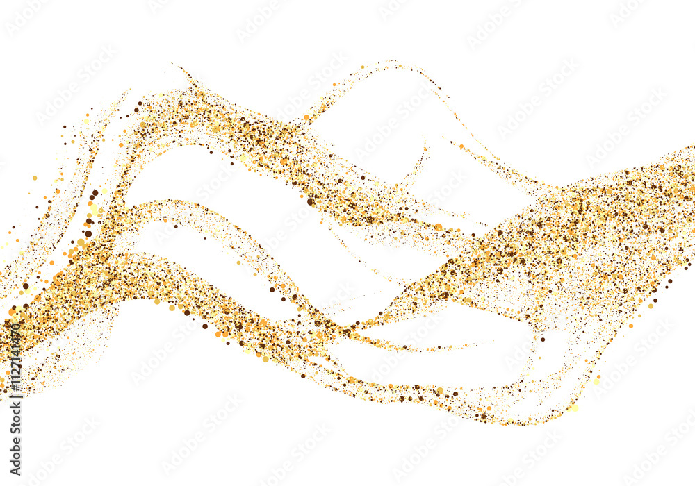 Poster scattered gold particles in the shape of a wave. a festive design element.