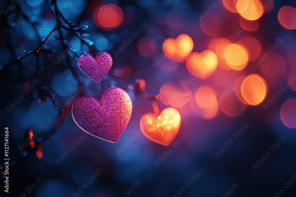 Poster abstract colorful hearts in glowing bokeh patterns, creating depth and vibrancy for digital projects