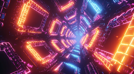 3D rendering of a futuristic tunnel with glowing neon lights in purple orange and blue The reflective surfaces create a vibrant abstract effect