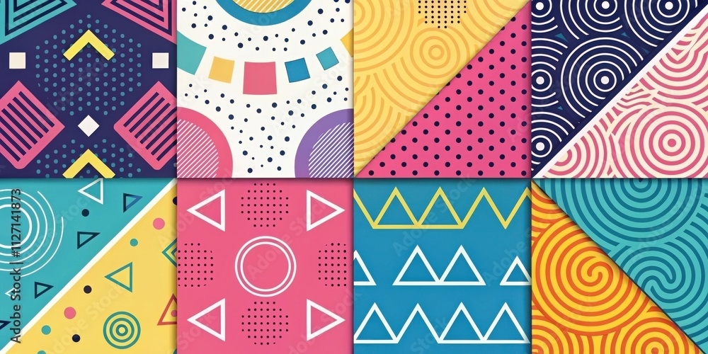 Poster a vibrant composition of geometric shapes and patterns arranged in a grid, featuring bold colors and