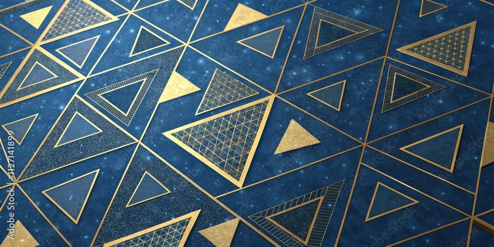 Poster an intricate and dynamic geometric pattern of overlapping golden triangles on a deep blue background