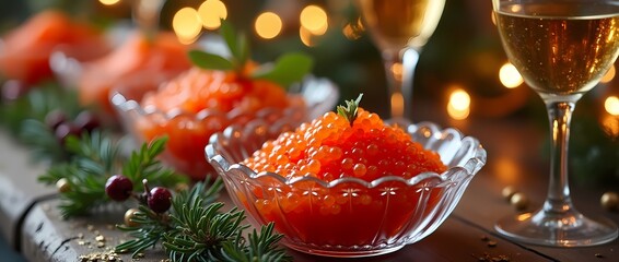 Festive table with red salmon caviar and black sturgeon caviar with glasses of wine