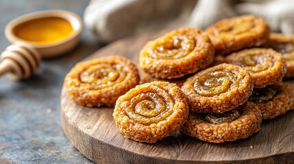 Fototapeta premium Close up of date pinwheel cookies with a crispy edge, served on a rustic cutting board with honey drizzle