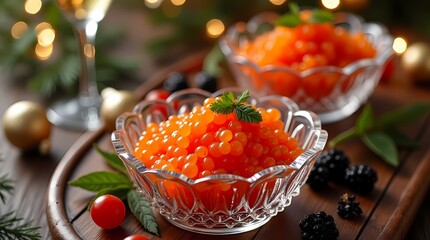 Festive table with red salmon caviar and black sturgeon caviar with glasses of wine