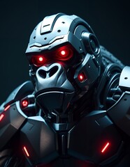 Fototapeta premium A powerful robotic gorilla with glowing red eyes stands against a dark background. The image shows the detail of its advanced metal armor. Futuristic and intense.