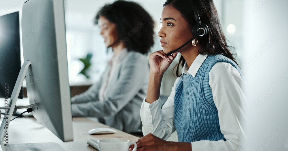 Poster call centre, serious and woman with headset, coworking and remote access of software and troubleshoo