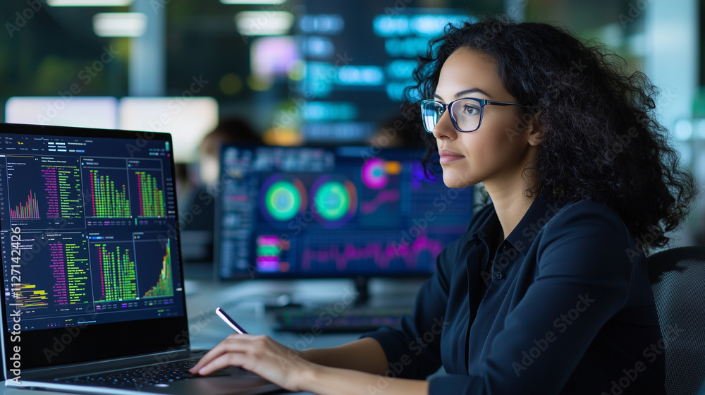 Poster financial data analyst examining kpi dashboard in modern workspace