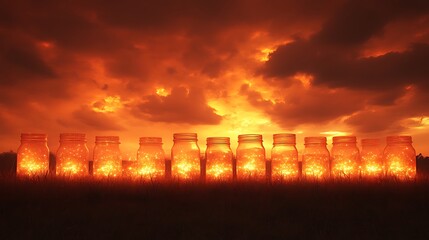 Glowing Jars Illuminate Sunset Sky Grassland Scene