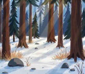 Serene winter forest scene. Tall evergreen trees are scattered throughout the snowy landscape. Peaceful and natural winter environment. Small patches of dry grass and rocks peek through the snow.