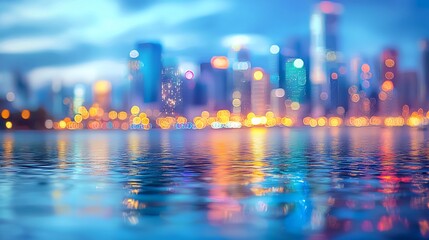 Blurred city skyline reflected in calm water at dusk.