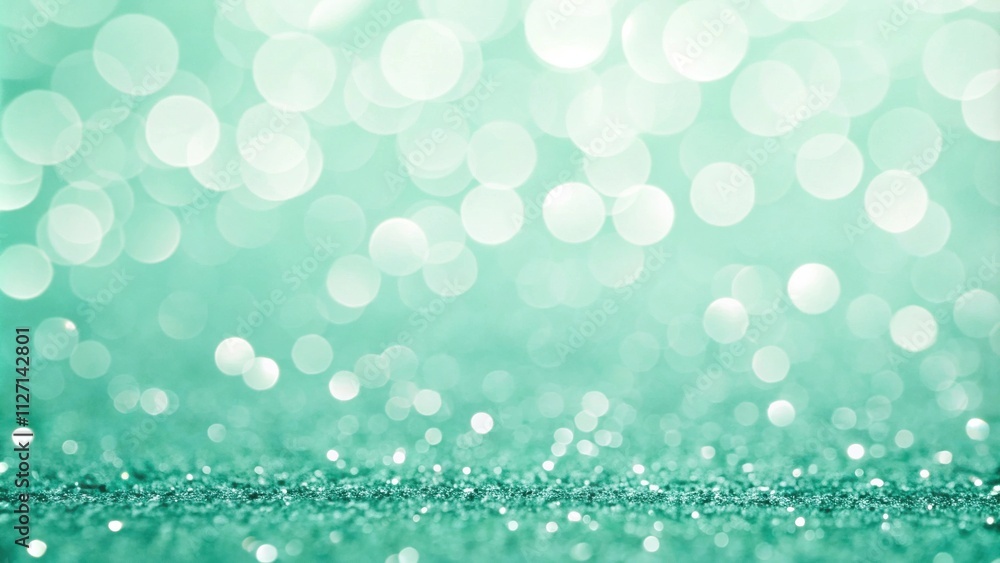 Poster sparkling abstract mint green background with blurry light bokeh