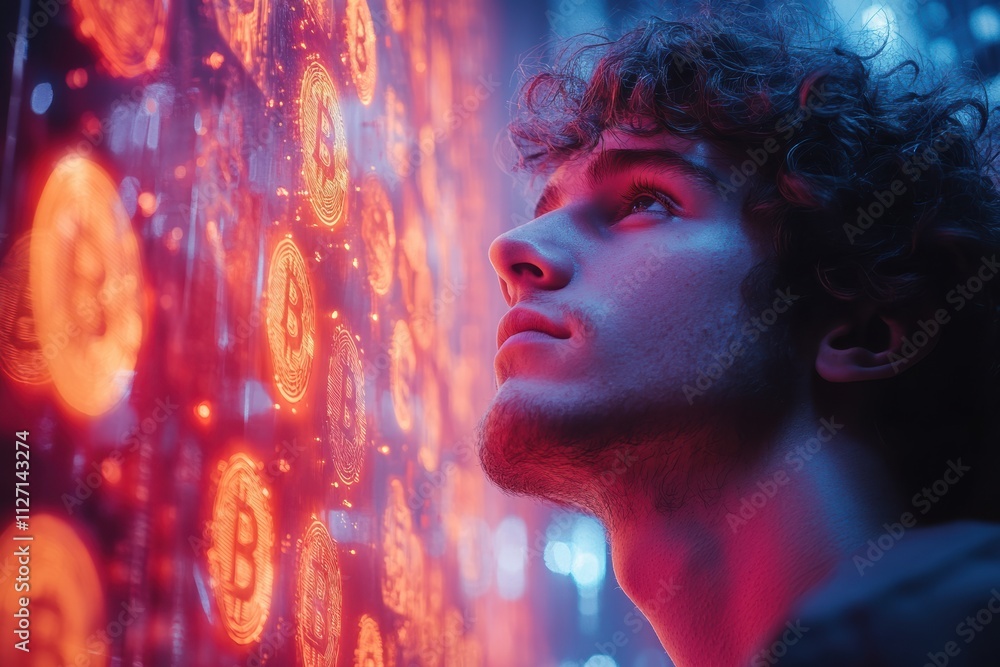 Poster abstract cryptocurrency-themed image with a contemplative man and floating bitcoin icons in vibrant 