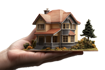 a hand holding a model house