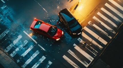 Fototapeta premium Night Road Accident - Damaged Cars at Intersection