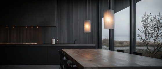 Modern kitchen with a long wooden table in the center. the table is made of dark wood and is surrounded by black chairs. above the table, there are two pendant lights hanging from the ceiling.