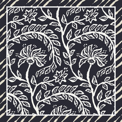 Monochrome black and white brush strokes inky trailing flowers scarf or bandana design. Abstract floral contemporary minimalist background.