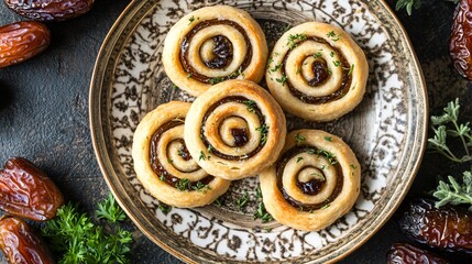 Fototapeta premium Golden date pinwheel cookies on a vintage ceramic plate, surrounded by fresh dates and decorative herbs