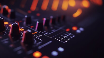 Close-up illuminated audio mixer controls.