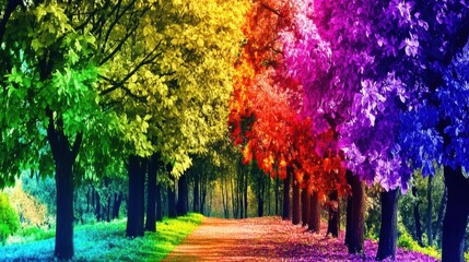 Enchanting rainbow forest with vivid multicolored trees creating a magical atmosphere, each tree glowing with vibrant hues of red, orange, yellow, green, blue, and violet foliage.