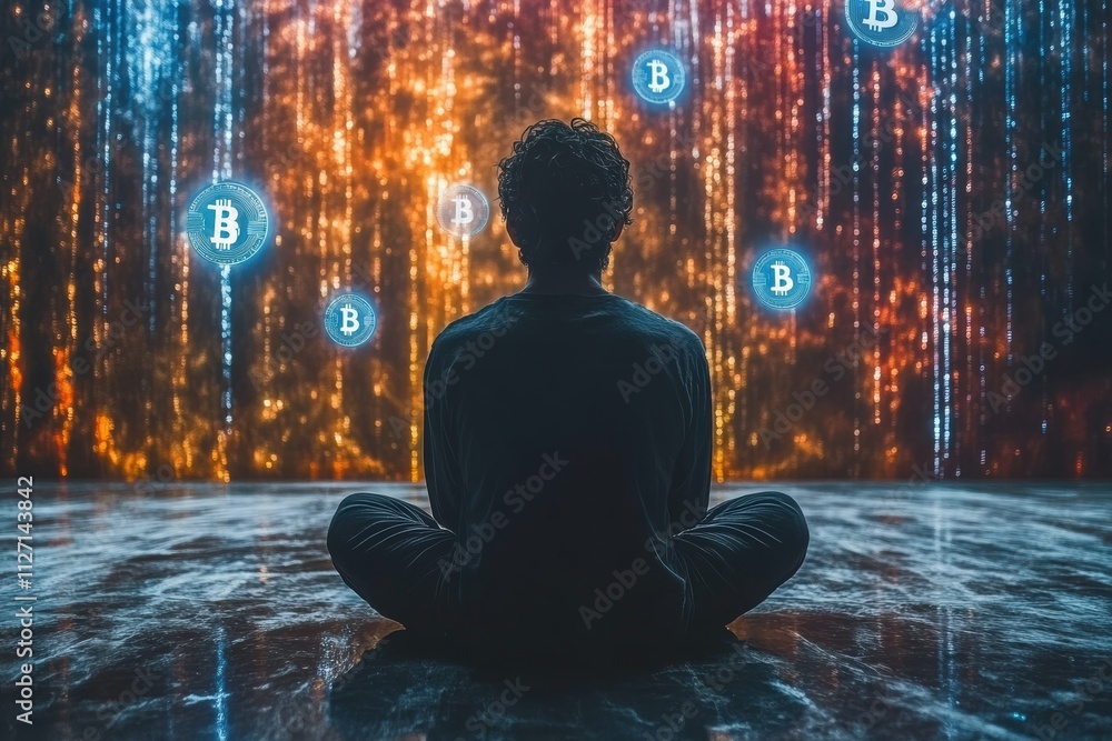 Poster abstract cryptocurrency-themed image with a contemplative man and floating bitcoin icons in vibrant 