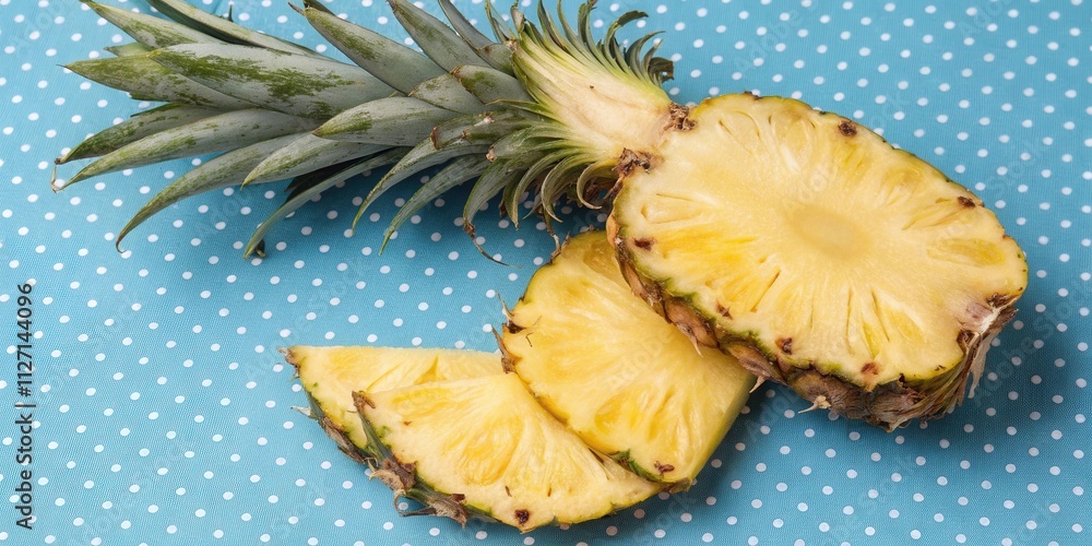 Poster a ripe pineapple cut into slices with the crown still attached sits on a polka dot tablecloth.
