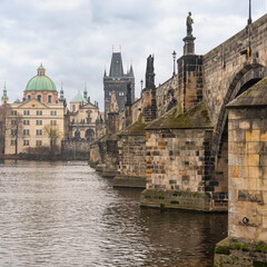 Old Charles Bridge crossing the Vltava River in the UNESCO city of Prague, Czechia.