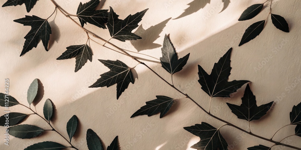 Poster dark green leaves arranged on a beige surface with a single light beam casting a shadow on the leave