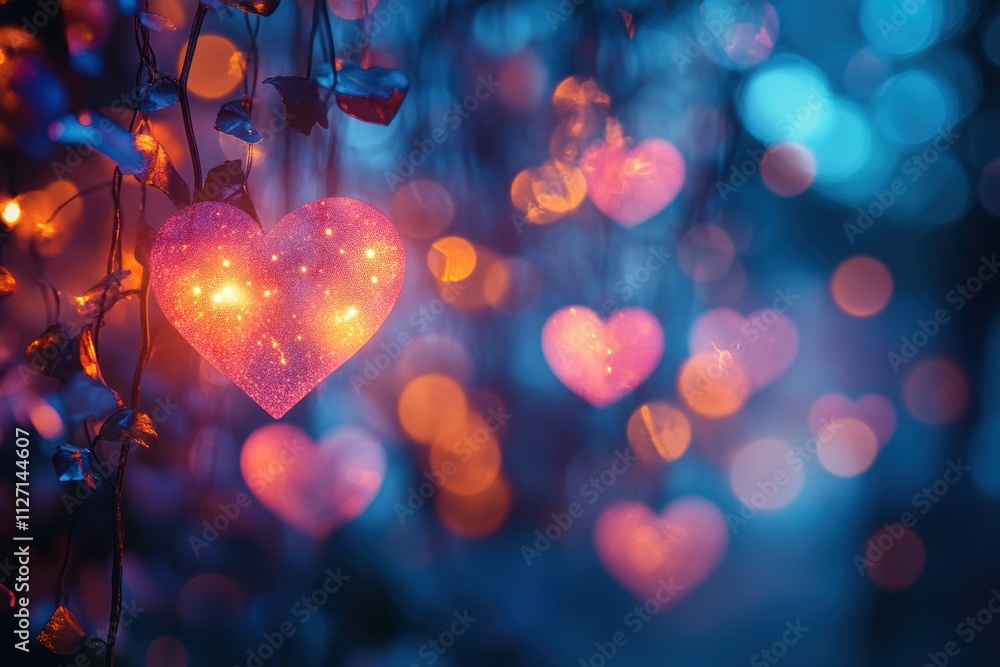 Poster abstract glowing heart bokeh for creative branding projects, featuring colorful and dreamy patterns.