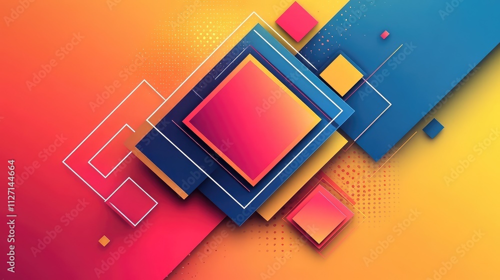 Poster vibrant abstract geometric background with overlapping squares and gradient colors in orange, pink, 