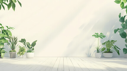 Obraz premium Minimalist white interior with wooden floor and potted plants, creating a serene and stylish modern space. Verdure. Illustration