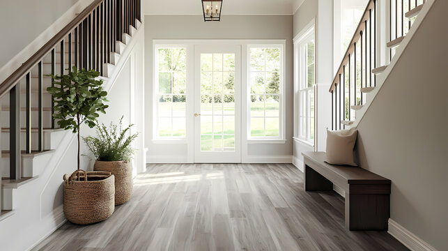 Modern farmhouse foyer with gray lvp flooring. Verdure. Illustration