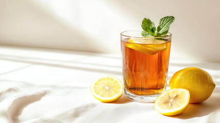 Fototapeta premium Refreshing iced tea with lemon and mint leaves