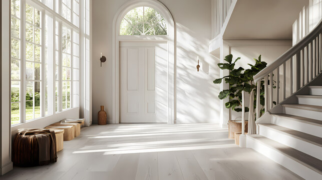 Modern farmhouse foyer with gray lvp flooring. Verdure. Illustration
