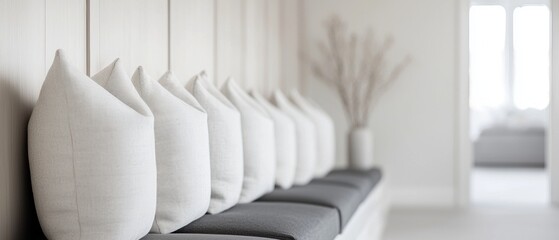Row of white pillows on a gray bench in a modern living room. the pillows are arranged in a neat row and are of different sizes and shapes.