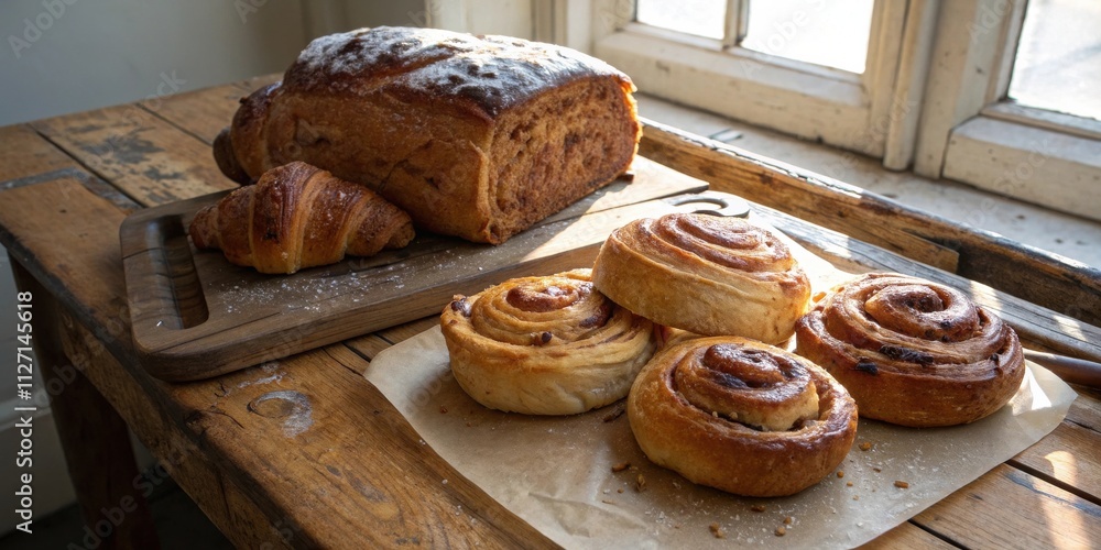 Poster a rustic table setting with freshly baked bread and cinnamon rolls, a delightful spread of sweet tre