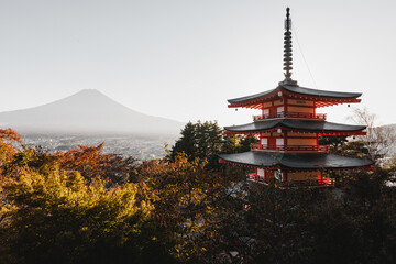 Japanese iconic view. Chureito Pagoda near Kawaghuchiko Lake.