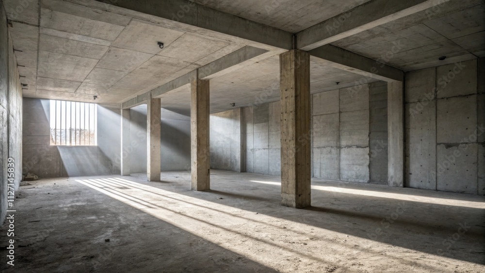 Aufkleber Sunlight streaming through a window illuminates a concrete room with a grid of supporting pillars