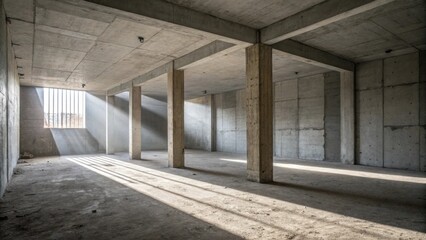 Sunlight streaming through a window illuminates a concrete room with a grid of supporting pillars