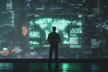 A silhouetted figure stands before a digital world map and data displays, suggesting analysis.