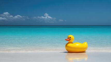 Obraz premium Vibrant Yellow Duck Float Contrasts with Minimalist Blue Beach Scene