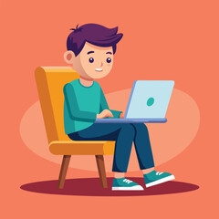 a boy is using his laptop vector