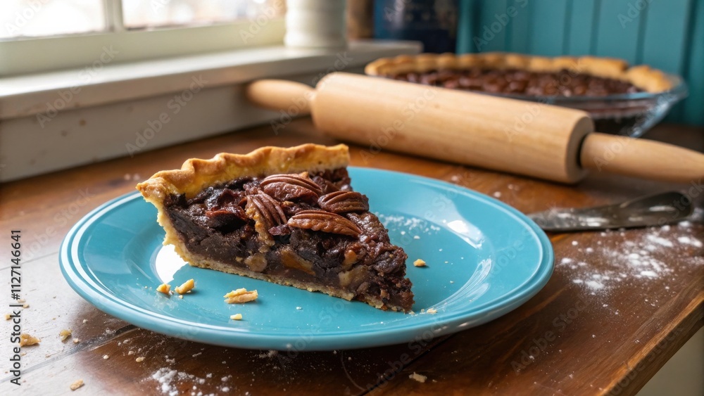Poster a single slice of pecan pie sits on a blue plate, scattered crumbs mark the table where the pie was 