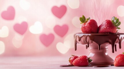 A delightful dessert featuring strawberries atop a chocolate cake, set against a soft pink background adorned with heart shapes.
