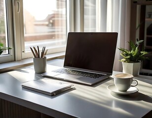 Fototapeta premium Sunlight Illuminates Cozy Home Workspace: Laptop, Coffee, and Plants