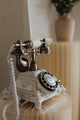 Vintage White Wedding Telephone for Guest Messages with Elegant Gold Accents and Intricate Details